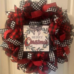 Red and black buffalo check, Ribbon and mesh Merry Christmas wreath